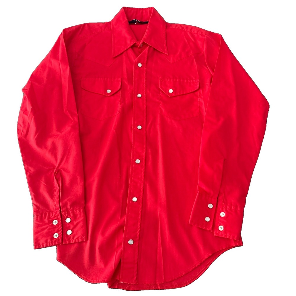 Out West Campus Vintage 1970's Western Shirt Solid red Pearl Snaps Mens M